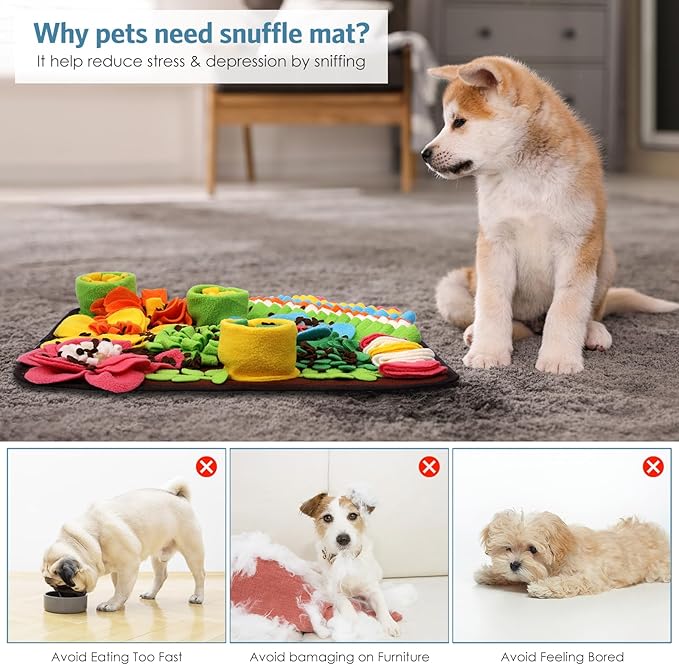 Snuffle Mat for Dogs Cats Rabbits, Pet Treats Feeding Mat, 15.4 x 15.4 inch for Small & Medium, Felt Wool Dog Sniff Mats for Slow Feed, Rabbit Foraging Mats, Relieve Anxiety, with Anti-Slip Bottom
