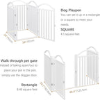 BHG Metal No-Assembly Freestanding Dog Gate with Door Walk Through, Extra Wide 96", Extra Tall 32" Pet Gate, Accordion Puppy Folding Playpen Dog Fence for Indoor & Outdoor, with 2PCS Support - White