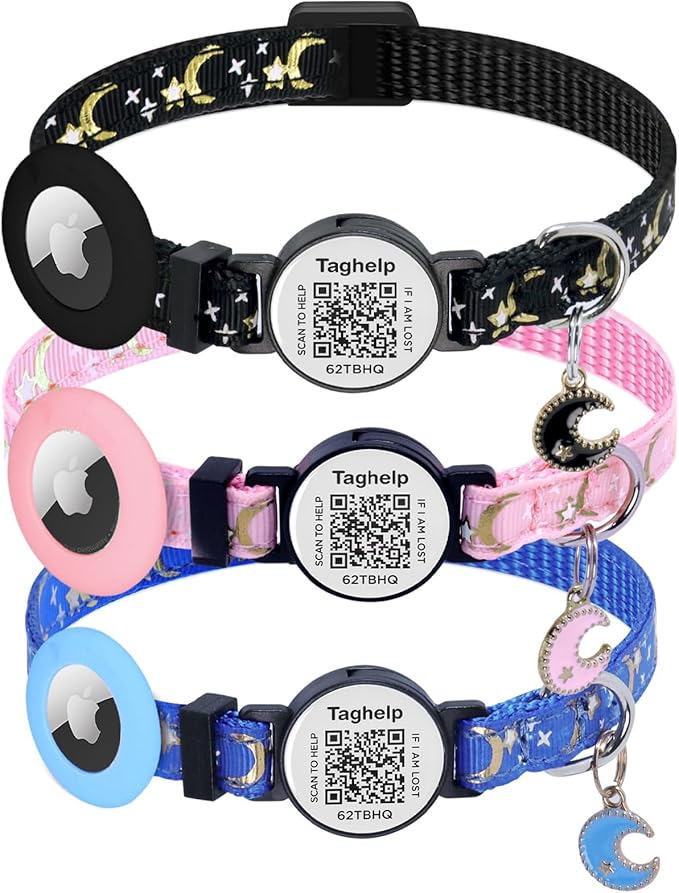 3 Pack Airtag Cat Collar, Breakaway Cat Airtag Collar with Gold Moons and Stars Lightweight Kitten Collar for Apple Air tag,GPS Tracker Holder for Cats, Kittens Cat Collar(Black & Blue & Pink)