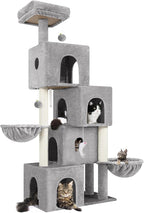 Globlazer Cat Tree Tower Cat Condo for Mutilple Indoor Cats, 70in Tall Cat Tree Furniture Activity Center with 4 Cat Condos, 3 Scratching Posts, 2 Hanging Baskets, Padded Top Perch, F70C, Light Gray