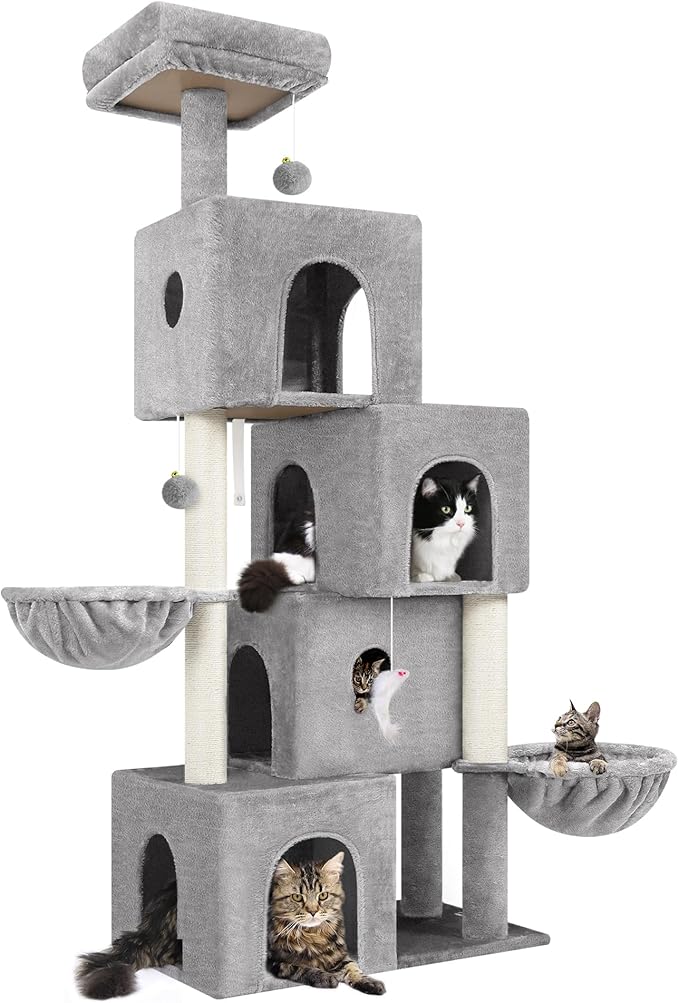 Globlazer Cat Tree Tower Cat Condo for Mutilple Indoor Cats, 70in Tall Cat Tree Furniture Activity Center with 4 Cat Condos, 3 Scratching Posts, 2 Hanging Baskets, Padded Top Perch, F70C, Light Gray
