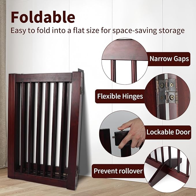 Wooden Freestanding Pet Gate, Pet Gate for Dogs, 29.5inch 4-Panel Wooden Dog Fence with 2 Support, Feet Folding Dog Gate for Indoor, Doorway, Stairs, Kitchen, 81.5“L×30”H (Brown)