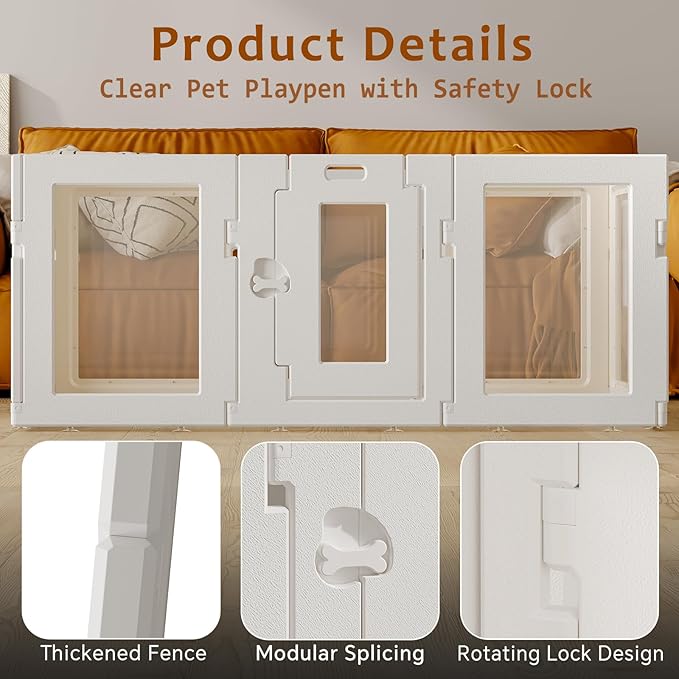 Clear Acrylic Dog Playpen Indoor, Puppy Cat Small Pet Play Pen, Easy Assemble & Disassemble Sturdy Plastic Dog Fence with Heavy Duty Door Lock (24In H, 8PCS), White