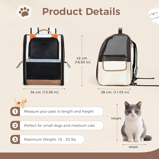 Lekereise Cat Backpack Carrier, Pet Carrier Backpack for Small Dogs Medium Cats Fit Up to 18 Lbs, Dogs Foldable Backpack Carrier for Travel, Hiking, Beige-Orange Ears