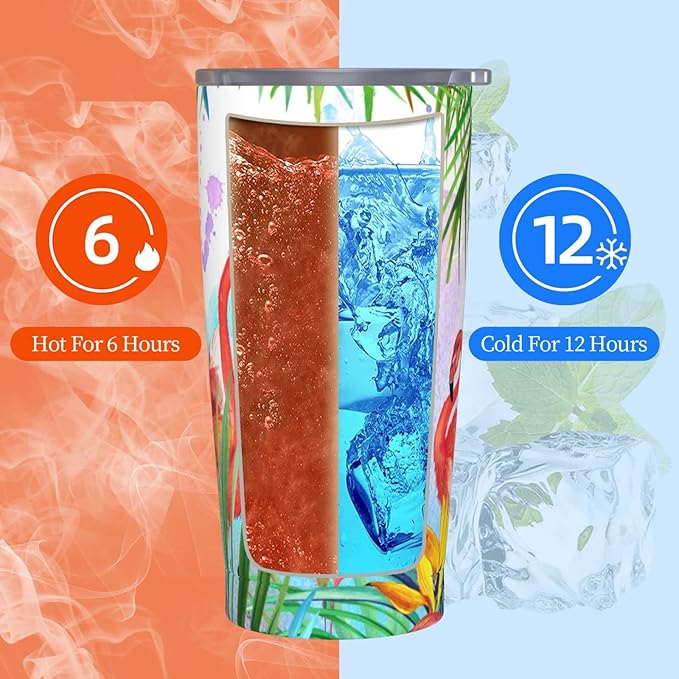 Dujiea 20oz Tumbler With Lid And Straw, Tropical Pink Flamingo Vacuum Insulated Iced Coffee Mug Reusable Travel Cup Stainless Steel Water Bottle