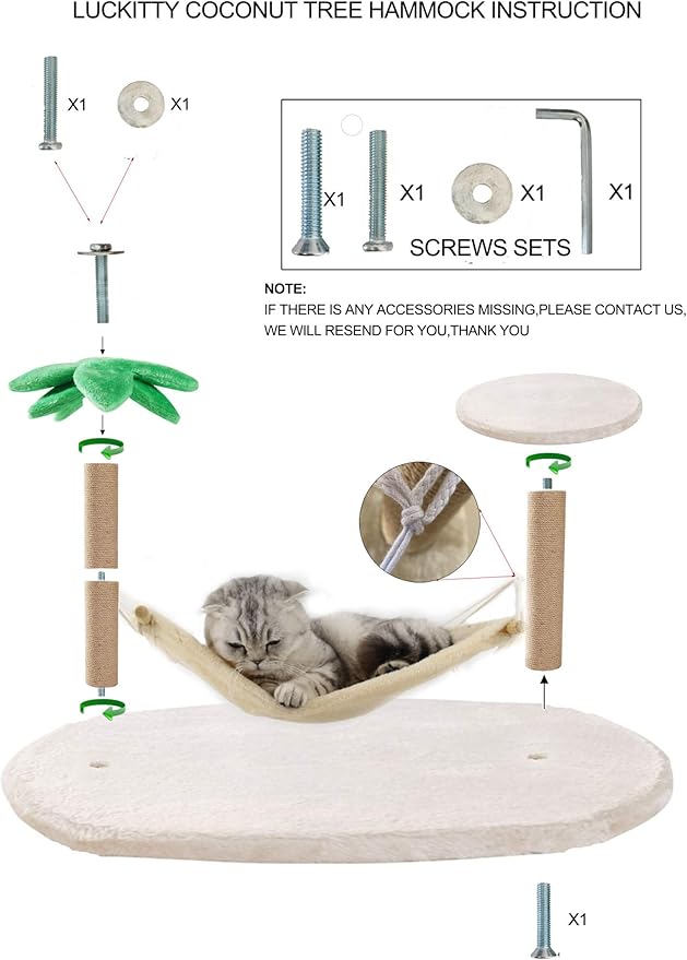 LUCKITTY Small Cat Scratching Posts Kitty Coconut Palm Tree-Cat Scratch Post for Cats and Kittens - Natural Jute Sisal Scratch Pole Cat Scratcher (Post &Hammock)