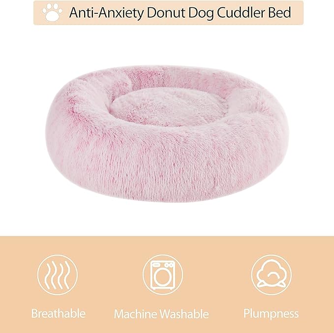 WNPETHOME Calming Dog Bed Cat Bed Donut, Faux Fur Pet Bed Self-Warming Donut Cuddler, Comfortable Round Plush Dog Beds (30 x 30 x 10 Inch, Light Pink)