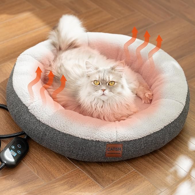 CATISM Cat Bed Heated Cat Bed - Self Warming Cat Beds, Heating Cat Beds for Indoor Cats and Small Dogs, Cozy Donut Heated Cat Bed with Timer & Temp Adjustable, Heating Cat Pad with Non-Slip Bottom