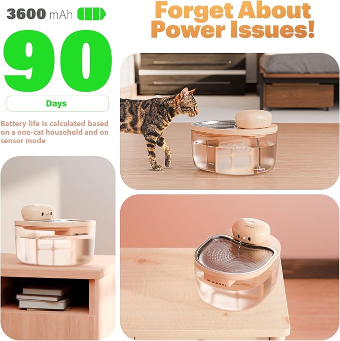PetTop® Pumpless Cat Water Fountain - 102oz/ 3L - Stainless Steel Tray – 3600mAh Battery Operated with Motion Sensor - The Easiest to Clean
