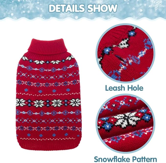 BINGPET Dog Sweaters for Small Dogs,Winter Dog Sweater Warm Clothes Boys Girls with Leash Hole,Classic Snowflake Doggy Knitwear Clothes,Ideal Gift for Pet in New Year(Red, Small)