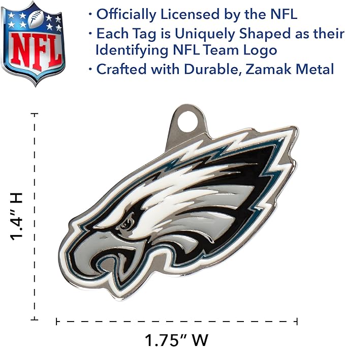 NFL Philadelphia Eagles Engraving Pet ID Tags in 32 Team Logo Shapes Personalized Dog Tags and Cat Tags with 3 Lines of Customizable Text for Tracking & Safety. Stainless Steel Pet ID Tracking Tags