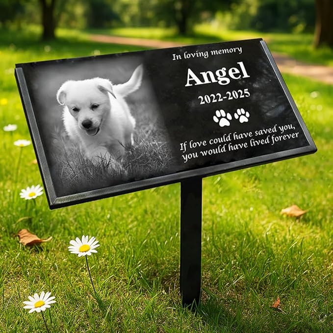 Custom Engraved Dog Memorial Stone - Durable Black Granite Pet Grave Marker with Photo, Personalized Pet Loss Gift for Dogs, Cats - Memorial Plaque for Garden or Indoor Use