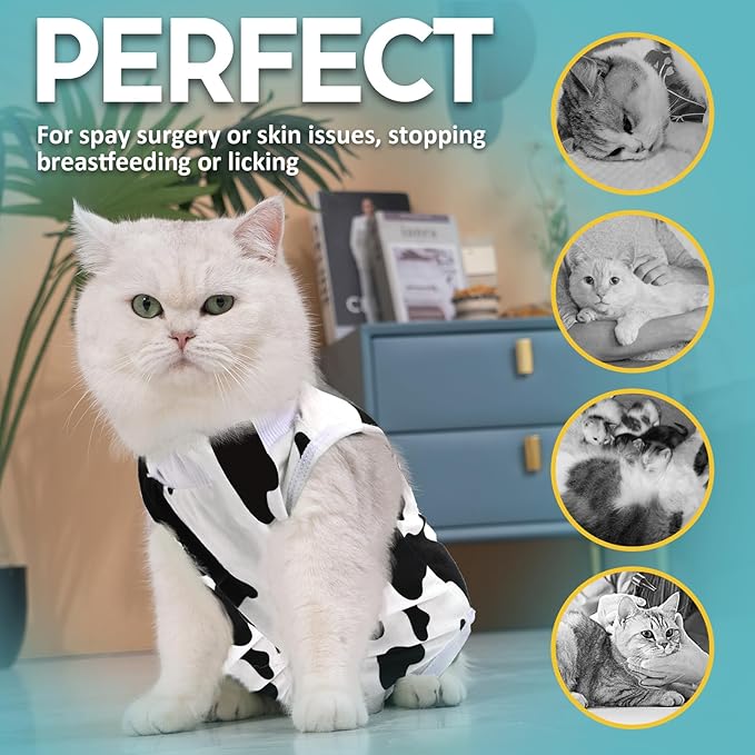 Avont Cat Recovery Suit - Kitten Onesie for Cats After Surgery, Cone of Shame Alternative Surgical Spay Suit for Female Cat, Post-Surgery or Skin Diseases Protection -Cow(M+)