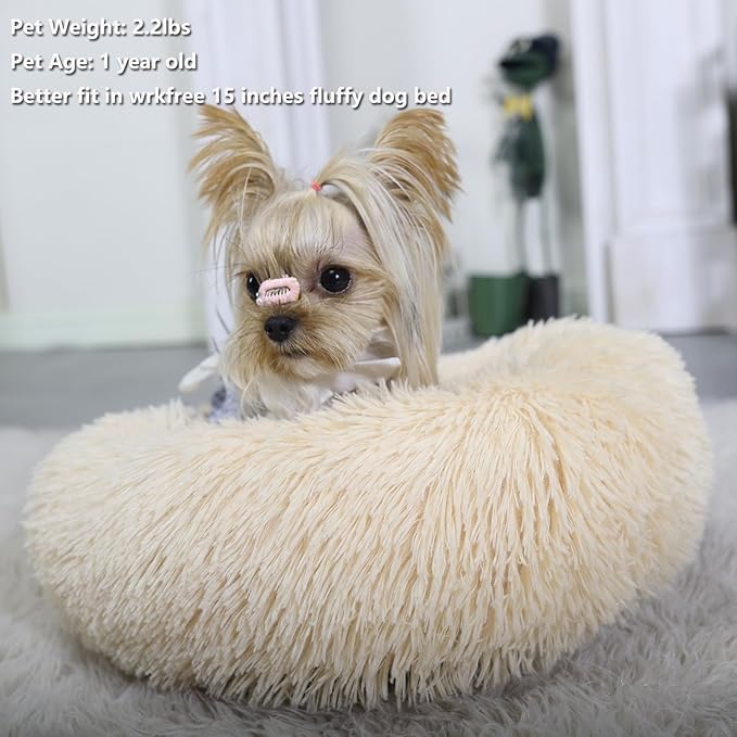 Tiny Dog Bed Extra Small Washable 15 inches Beige Donut Soft Small Dog Bed,Calming Anti Anxiety Round Fits up to 5 lbs Warm Comfort Pets Beds for Puppy Dogs Indoor