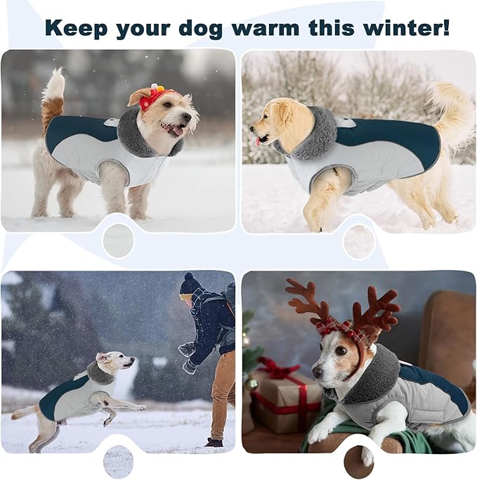 Doglay Dog Jacket Waterproof Dog Coat, Reflective Cold Weather Winter Coat, Adjustable Turtleneck Fleece Puppy Snow Jacket with Harness Hole for Small Medium Large Dogs