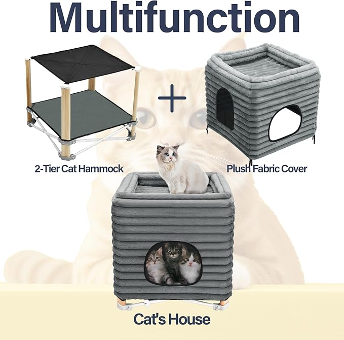 Pozico 2-Tier Collapsible Cat Beds & Furniture, 2 Layer Pine Construction Cat Hammocks, Cat Houses for Indoor Cats, Cat Bed Cave for Multiple or Large Cats up to 30 lbs, All-Season Comfort-Grey-S