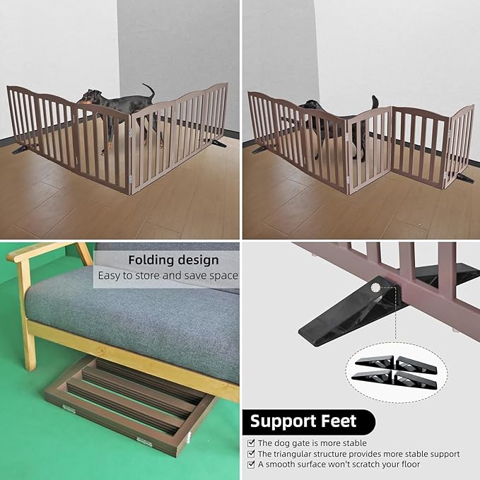 ZJSF Foldable Freestanding Indoor Dog Gate for House Wood Long Pet Gates Dog Fence for Stairs Puppy Gates for Hallways, Puppy Gate,Support Feet Included, Brown, 24 "Height-6 Panels