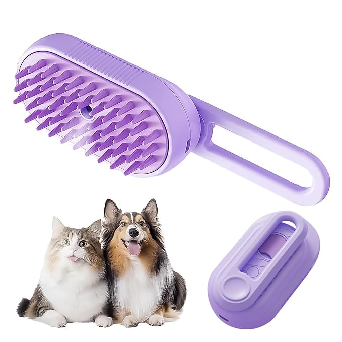 ZTJ Steam Brush for Dogs and Cats – 3-in-1 Pet Grooming Tool for Cleaning, Detangling, Massaging – Nano Steam, Hair Catcher, 360° Handle (Purple)