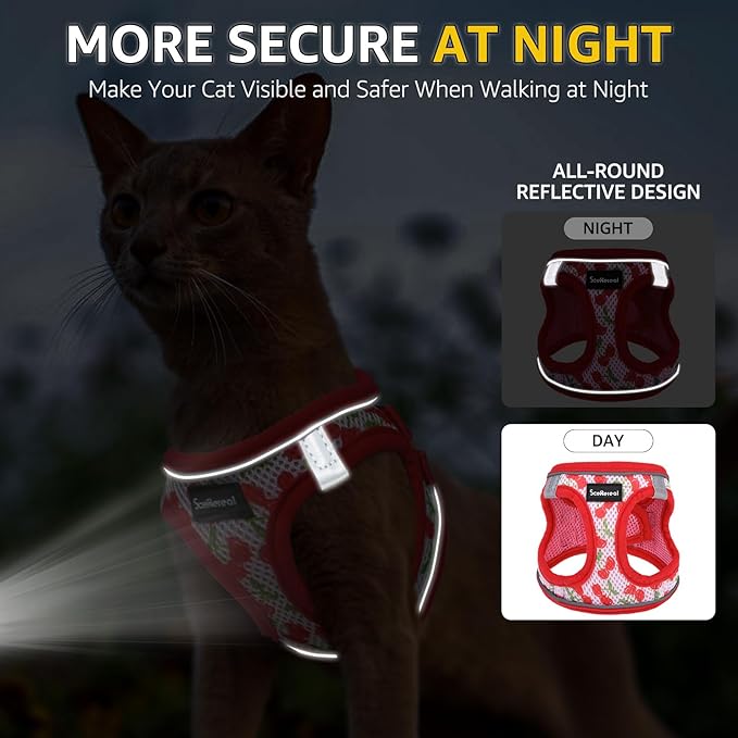 SCENEREAL Cat Harness & Leash Set Escape Proof - Adjustable Air Mesh Vest with Reflective Strips for Kittens, Puppies, Rabbits, Cherry S