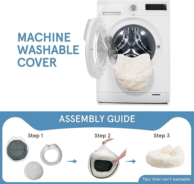 Round Dog Bed for Small Dogs & Cats -Washable Dount Cute Cat Bed for Indoor Cats, Orthopedic Sherpa Fleece Soft Cozy Calming Pet Bed with Removable Zipper Cover (White, (23x23x8inches))