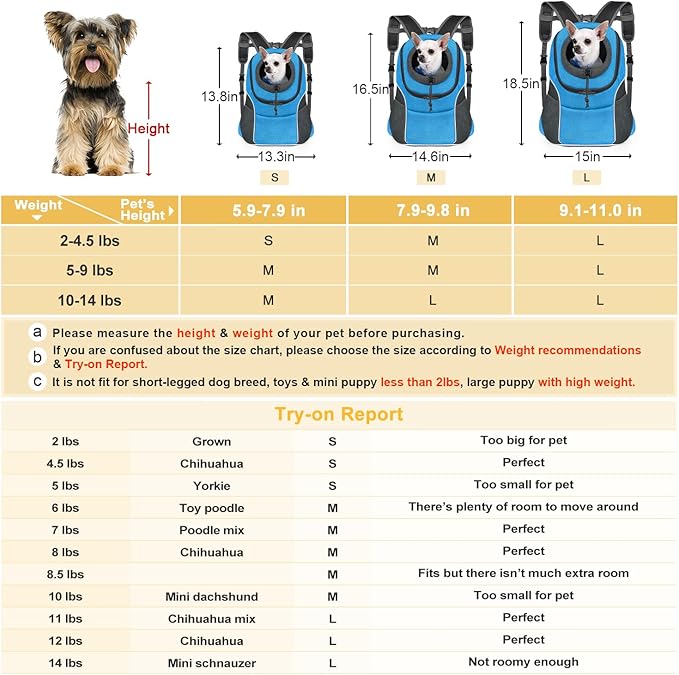 WOYYHO Pet Dog Carrier Backpack Small Dog Front Backpack Ventilated Dog Carrier Back Pack with Storage Pockets, Adjustable Straps & Safety Belt for Travel Hiking Outdoor (Size S: 2-4.5 lbs, Blue)
