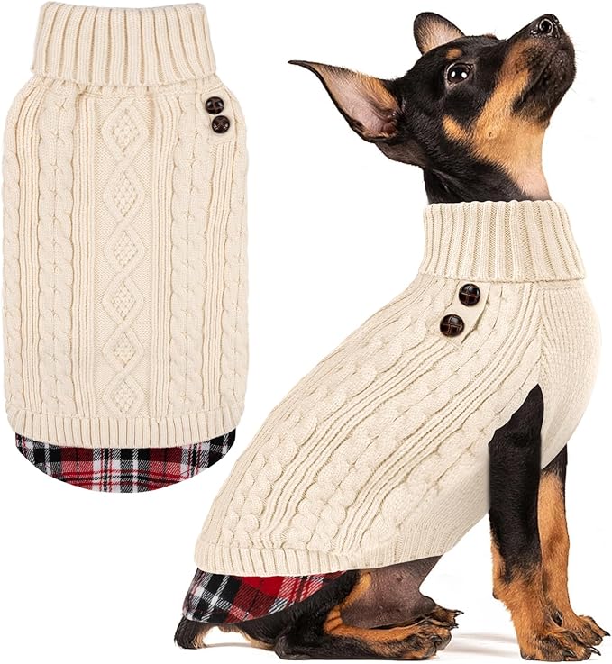 KYEESE Dog Sweater Warm Turtleneck Small Dogs Sweater with Gingham Patchwork Thick Pet Coat for Fall Winter Cold Weather Soft Pullover Dog Sweaters for Small Dogs Girl Stretchy Knitwear Cat Clothes