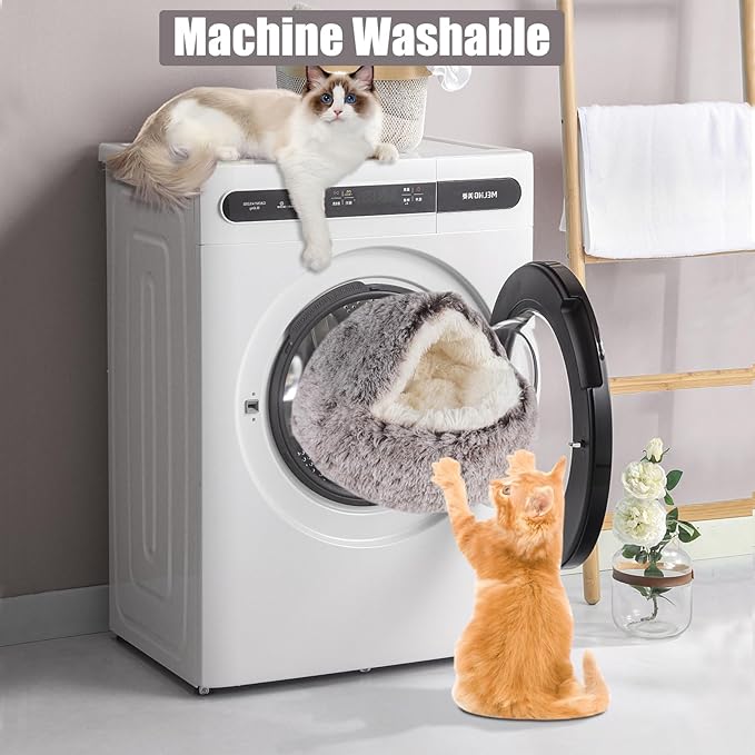 Cat Beds & Dog Bed with Cover Cave, Dog Beds for Small Dogs, Round Soft Plush Donut Calming Pet Bed for Indoor Cats or Small Dog, Washable Puppy Bed with Non-Slip Bottom-16inch