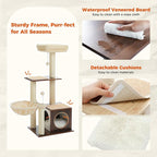 PEQULTI Modern Cat Tree for Indoor Cats,Multilevel Play House Cat Tower with Cat Condo, Scratching Post, Cozy Hammock and Plush Pompom, Brown