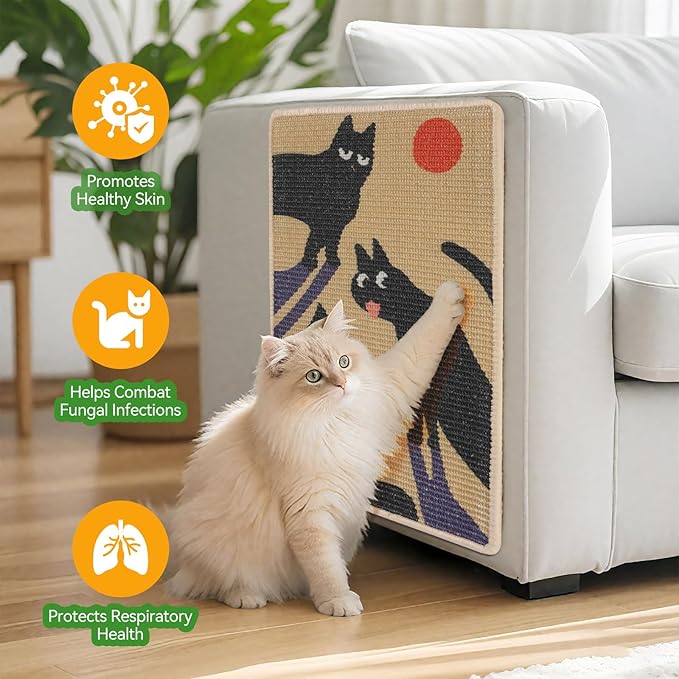 3-in-1 Sisal Cat Scratcher Mat 23.6x15.7'' Protects Carpet Couch & Furniture with Sticker Tape, Floor & Wall Cat Scratching Pad, Anti-Slip, Durable for Indoor Outdoor Cats (Warm Beige)