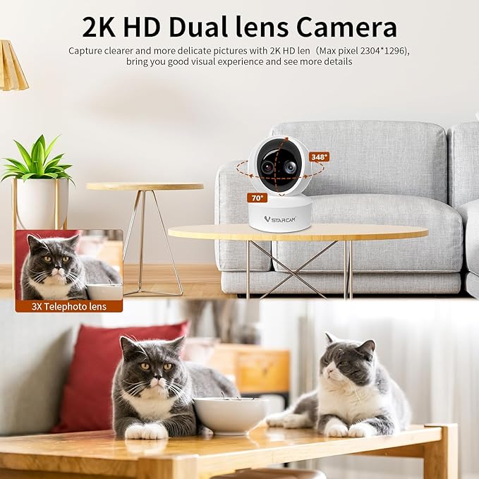 VSTARCAM Indoor Security Camera,2K HD 360° PTZ Dog Pet Camera with Phone APP, Night Vision, 2-Way Audio, Hybrid Zoom, 2.4G WiFi Dual Monitor, 7/24 Recording, Cloud/SD Card Storage (CS49D)