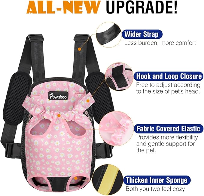 Pawaboo Pet Carrier Backpack, Adjustable Pet Front Cat Dog Carrier Backpack Travel Bag, Legs Out, Easy-Fit for Traveling Hiking for Small Medium Dogs Cats Puppies, Extra Large, Black + Pink Daisy
