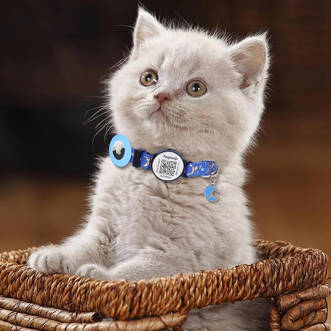 3 Pack Airtag Cat Collar, Breakaway Cat Airtag Collar with Gold Moons and Stars Lightweight Kitten Collar for Apple Air tag,GPS Tracker Holder for Cats, Kittens Cat Collar(Black & Blue & Pink)