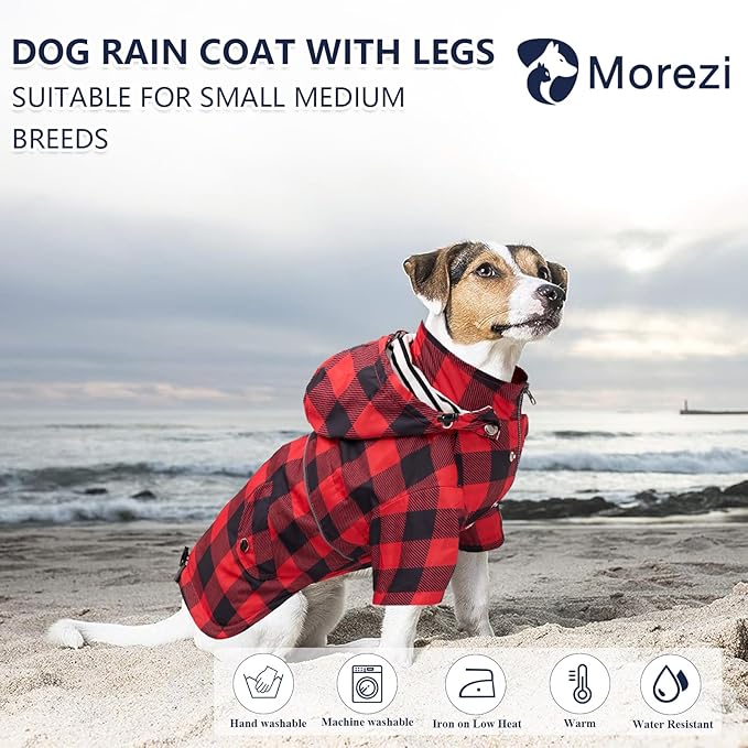 Dog rain Coat Waterproof Raincoat Puppy Jacket with Legs Buttons Zipper Hood Drawstring Fit for Yorkie Terrier Schnauzer Poodle Border Collie Labrador Golden Retriever 8lbs to 80lbs Red S
