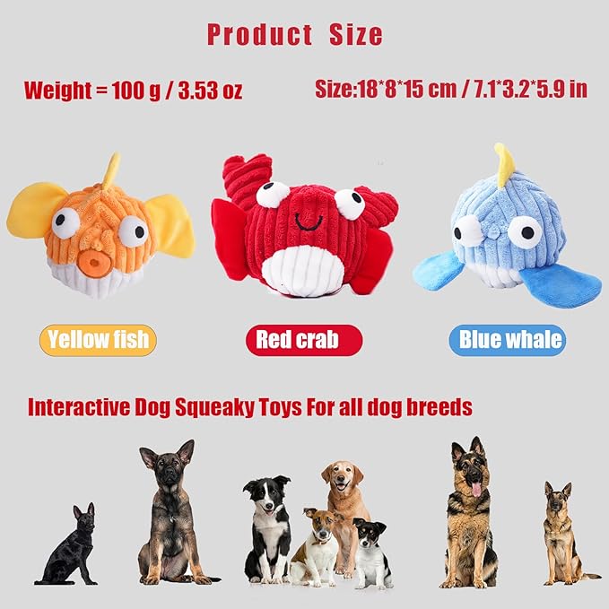 Squeak Dog Toys for Aggressive Chewers, No Stuffing Squeak Dog Chew Toys for Aggressive Chewers, Interactive Dog Toy Ball with Crinkle Paper for Medium Dogs, Large & Small Breeds (F-Whale+Fish)