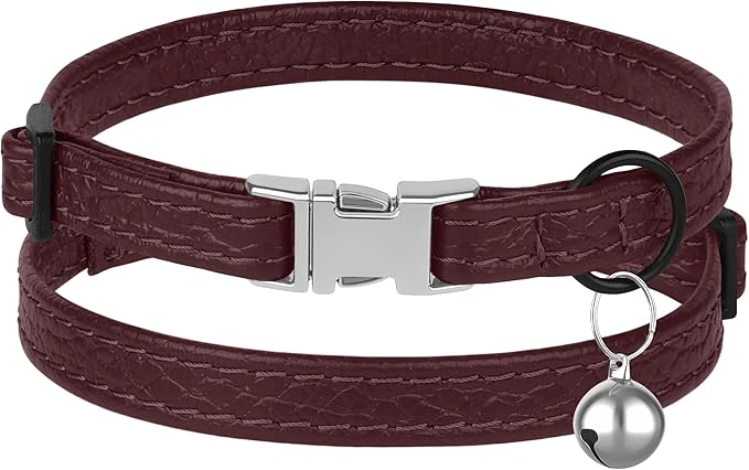 Leather Cat Collar with Buckle and Removable Bell - Non Breakaway Adjustable Soft Safety Small Pet Collars for Girl Boy Cats Kitten (Burgundy)