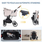 T5 Luxury Pet Stroller for Medium Dog Under 60lbs or 2 Small Dogs & Cats with 180 ̊Canopy, Sun Shades, Auto-Folding Stroller for Multiple Pets（Beige）