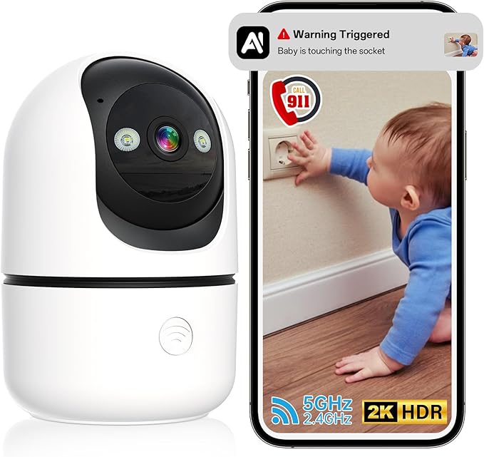 Indoor Security Camera - 5G&2.4G WiFi Cameras for Home Security Indoor 911 Alert, 2K 360°Pan/Tilt AI Motion Detection Nanny/Baby/Pet/Dog Camera with Phone App/Speaker/US Cloud/IR Night Version