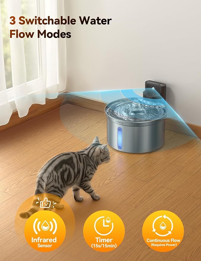 Wireless Stainless Steel Cat Water Fountain- Safe Water-Electric Isolation, 3.5L Capacity with 4000mAh Detachable Battery, XL Filter, Ultra-Quiet Pump, Battery Operated Smart Sensing for Cats & Pets