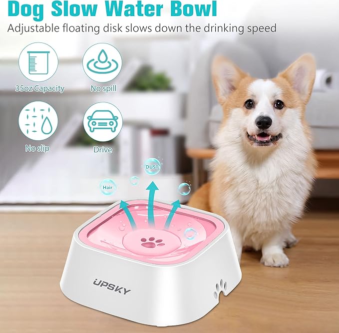 UPSKY Dog Bowl Dog Water Bowl No Spill Pet Water Bowl No Drip Slow Water Feeder Dog Bowl No-Slip Pet Water Dispenser 35oz Slow Drinking Bowl for Dogs and Cats