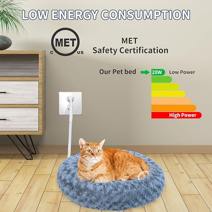 Heated Cat Beds for Indoor Cats Warming Cat Beds Super Soft Machine Washable Thermo Kitty Electric Heating Bed 19 Inches Round