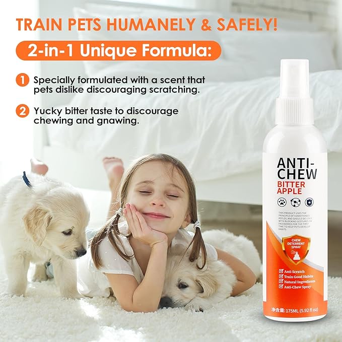 Bitter Apple Spray for Dogs to Stop Chewing, 175ML Effective Dog & Cat Deterrent Spray for Furniture, Plants, Floor, Safe No Chew Spray for Dogs to Easily Create Restricted Areas Orange