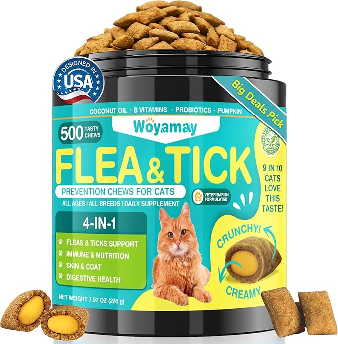 4-IN-1 Flea and Tick Prevention for Cats, 500 Crunchy & Creamy Chews, Cat Flea Treatment, Natural Oral Flea Treatment for Cats, Daily Support for Flea, Immune, Skin & Coat, Gut, Chicken Flavor