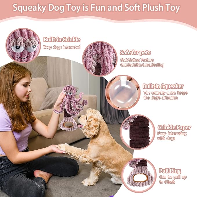 Squeaky Dog Toys, Octopus Dog Toy Interactive Tug of War Puppy Toy to Keep Them Busy(Purple)