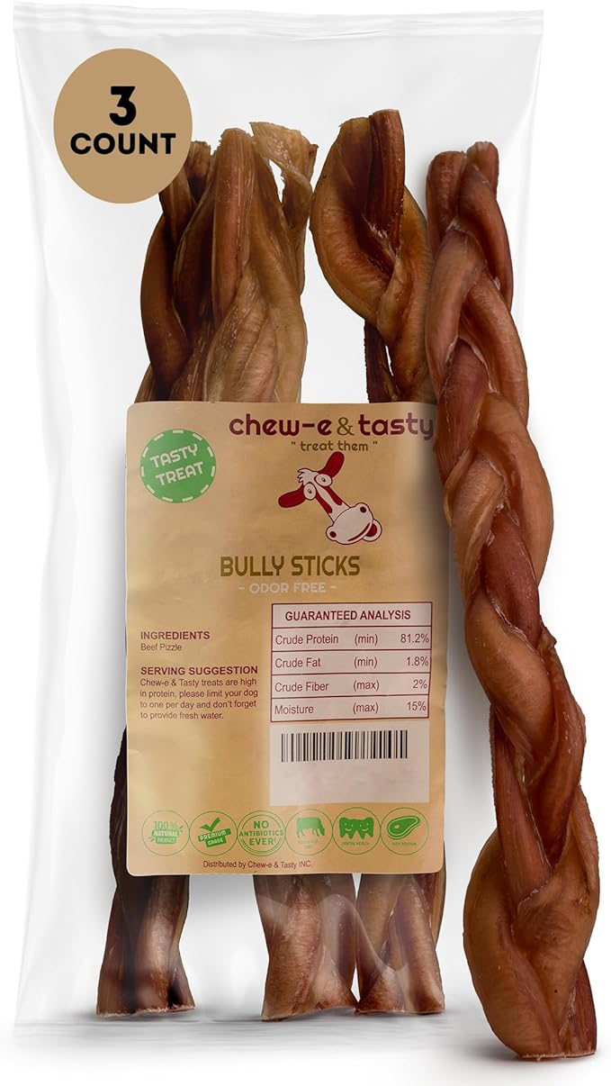 chew-e&tasty 12" Jumbo Braided Bully Sticks Odor Free Long Lasting Beef Chews- Made & Packaged at Food-Grade Facility High Protein Dental Treats