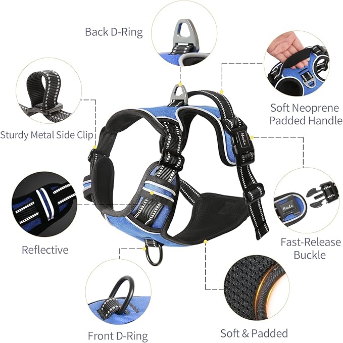 HEELE Dog Harness, No Pull Adjustable Padded Reflective Harness for Small Medium Large Dogs with Handle for Walking Training, Blue, XL