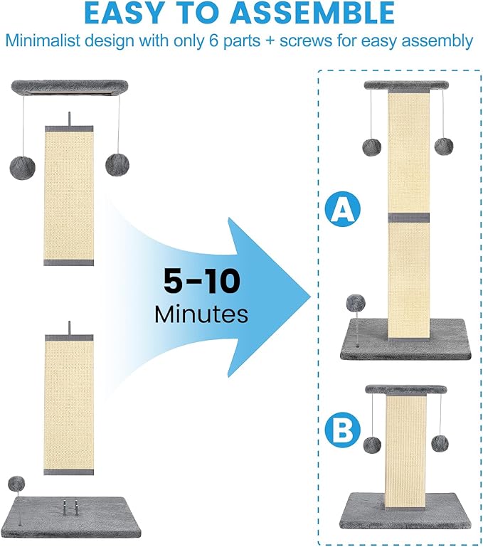 Cat Scratching Post 33'' Cat Scratching Posts for Indoor Cats Adults, Nature Sisal Tall Cat Scratch Post, Sisal Cat Scratcher Improve Cat's Scratching Habits and Protect Your Furniture, Grey