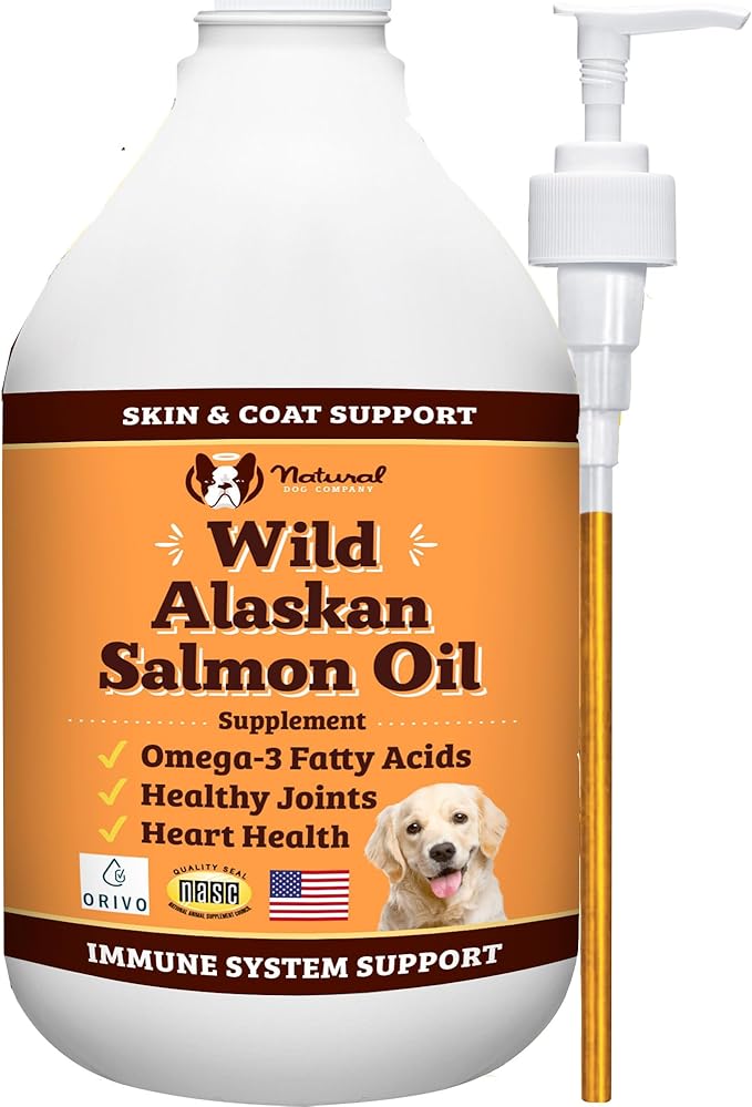 Natural Dog Company Wild Alaskan Salmon Oil Formula with Omega 3, Fish Oil for Dogs Supplement, Skin & Coat Dog Oil, Itchy Relief, Immune Support for Joints & Heart, Food Topper, 64 oz