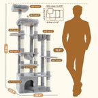 Heybly Heavy Duty Cat Tree, 71-Inch Tall Tower for Large Maine Coon with Extra-Large Baseboard, Cat Condo Furniture with Multi-Level Platforms, 2 Hammocks and 12 Scratching Posts, Light Gray HCT037W