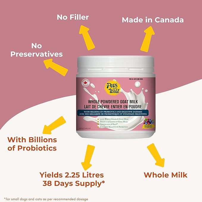 Pets Gone Wild Goat Milk Powder, Non-GMO, Picky Eater Friendly, Liquid Gold High Protein Supplement for Gut Health, Immunity & Hydration Ideal as Milk or Food Topper, Made in Canada