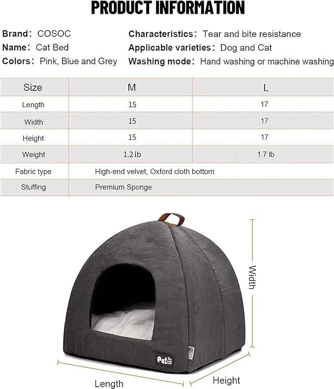 Cat Bed for Indoor Cats -Premium Pet Beds for Cats and Small Dogs, Cat Bed Cave, Comfortable Covered Cat Bed, Cat Tent, Kitten Bed, Small Animal Bed and Cat Hut with Cushioned Pillow (Medium, Grey)